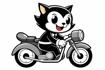 Cute, black and white cartoon, Cute cool kitten on a motorcycle