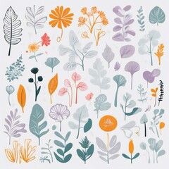A collection of seamless pattern, colorful abstract plants and flowers. Hand drawn Collection of leaves and flowers. A close up of a pattern of flowers and leaves.

