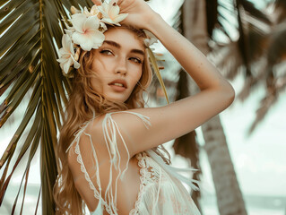 A model under palm trees wearing a flowy maxi dress, with flowers adorning her hair and a natural, radiant makeup look - obrazy, fototapety, plakaty
