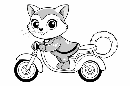 Cute, black and white cartoon, Cute cool kitten on a motorcycle