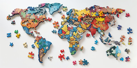 Vibrant Jigsaw Puzzle World Map Unfinished on White Backdrop - 766626771