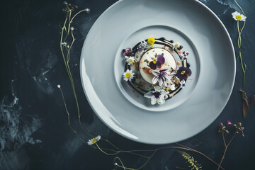 A beautifully plated gourmet dish adorned with edible flowers and delicate garnishes, reflecting the artistry and sophistication of culinary craftsmanship