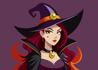 Portrait of a witch in a hat looking in front of her. a magical, mystical event. Concept - Walpurgis Night, Halloween, Sabbath, magic