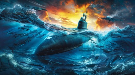 Generic military nuclear submarine floating in the middle of the ocean while shooting an undersea torpedo missile, wide banner with copy space area - - obrazy, fototapety, plakaty