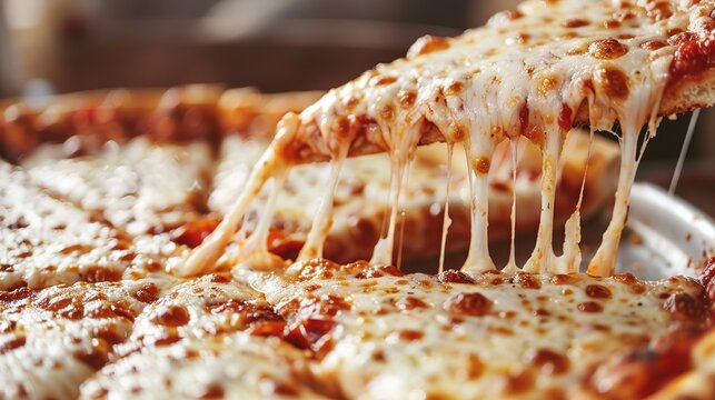 An up-close image capturing the golden-brown crust of a deep-dish pizza filled with layers of cheese and toppings.