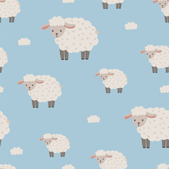 Seamless vector pattern with white sheep, cute kids background, vintage aesthetic