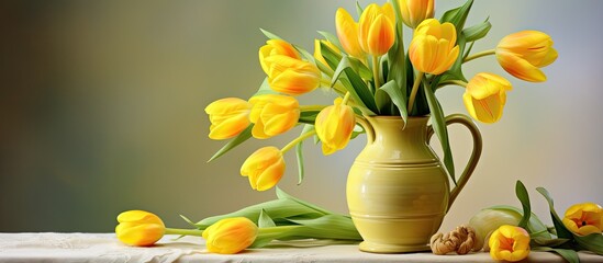 There are bright yellow tulips arranged in a vase placed on a wooden table covered with a patterned cloth