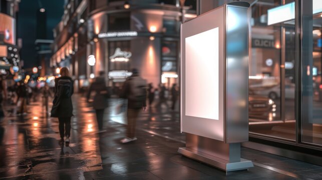 futuristic modern design of public area information signboard neon screen as touchscreen interactive blank empty white billboard or menu smart kiosk machine as street advertisement display mockup