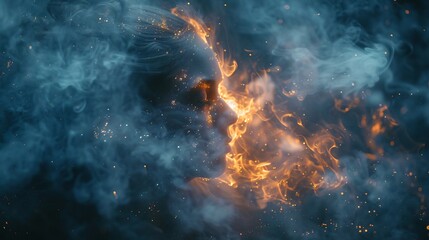 An artistic image of a face emerging from blue smoke and orange flames with sparks
