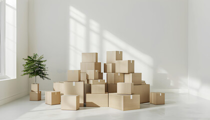 stack of cardboard boxes in empty white room on background