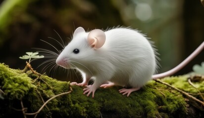 Une magnifique souris blanche au joli pelage, se promène en forêt sur une branche rempli de mousse vert douillette.