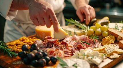 A chef assembling a gourmet charcuterie board with an assortment of artisanal cheeses, cured meats,...