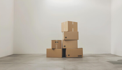 stack of cardboard boxes in empty white room on background