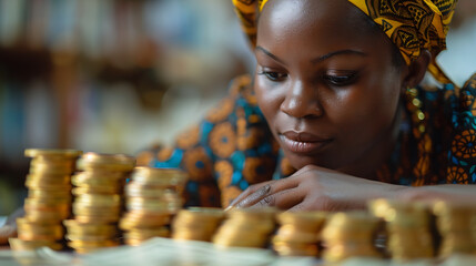 Femme africaine compte ses pièces de monnaie, faire de l'argent en Afrique
