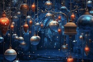 holiday elegance, christmas banner lights and baubles on dark blue