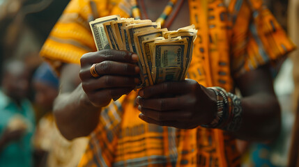 Femme africaine compte ses billets de banque, liasse de billets, faire de l'argent en Afrique - obrazy, fototapety, plakaty