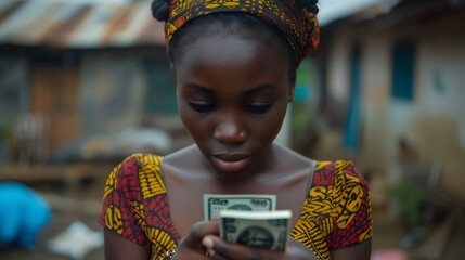 Femme africaine compte ses billets de banque, liasse de billets, faire de l'argent en Afrique - obrazy, fototapety, plakaty