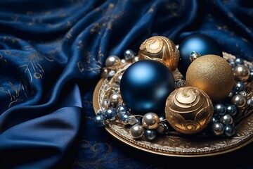 Naklejka premium holiday elegance, christmas banner lights and baubles on dark blue