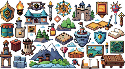 Obraz premium Fantasy map elements illustration, drawing, engraving, ink, line art, vector