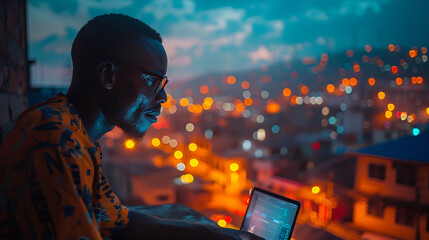 Jeune homme africain avec un ordinateur portable, sur son balcon, la ville de nuit en fond en...