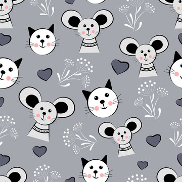 Seamless pattern of mouse and cats on grey background