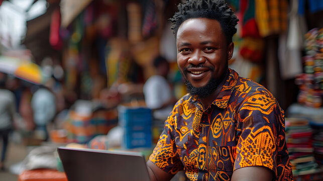 Jeune homme africain avec un ordinateur portable, heureux, sourire, habit local en Afrique