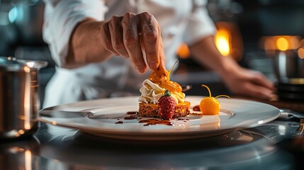 A chef meticulously plating a gourmet dessert masterpiece at a fine dining food restaurant,...