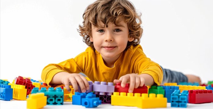 A boy child is playing with blocks, white background