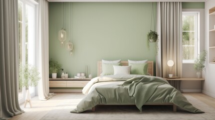 Serene bedroom with pale green walls, soft textiles, and natural wood accents, Nature-Inspired Bedroom with Botanical Art.