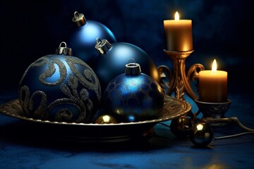 holiday elegance, christmas banner lights and baubles on dark blue