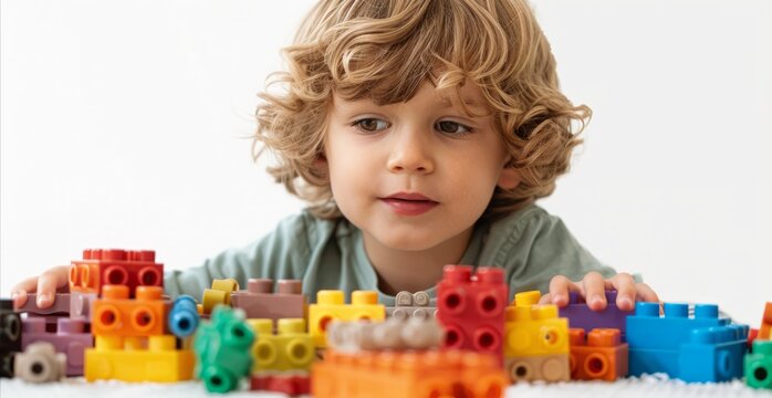 A boy child is playing with blocks, white background