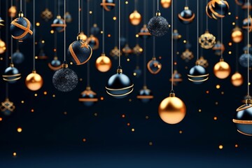 holiday elegance, christmas banner lights and baubles on dark blue