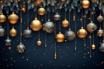 holiday elegance, christmas banner lights and baubles on dark blue - obrazy, fototapety, plakaty