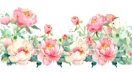 Watercolor border of pink peonies on white background - obrazy, fototapety, plakaty