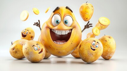 Cute, funny and emotiomal vegetables character animated, animated expressions, quirky expressions, playful expressions, white background. happy potatoes.