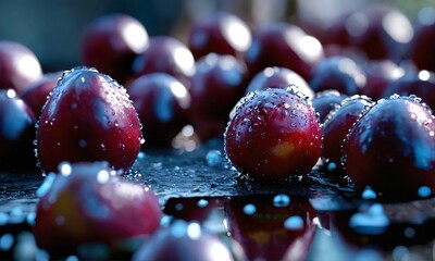 Morello cherries with water drops, macro photography ,hyperdetailed, hyperrealistic, 32 k ,...
