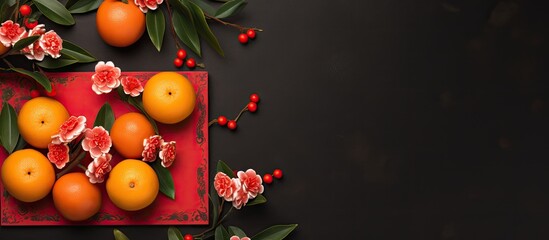 Oranges and colorful flowers arranged on a vibrant red plate surrounded by green leaves