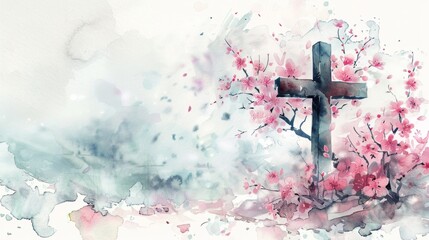 Cherry Blossoms and Cross Watercolor Greeting Card