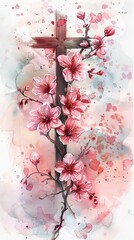 Cherry Blossoms and Cross Watercolor Greeting Card