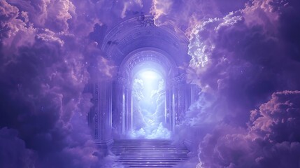 Stairs rising to a glowing archway amidst celestial clouds. Pathway ascending to a luminous portal through the heavens. Concept of ascension, divine entry, mysticism, and surreal exploration.