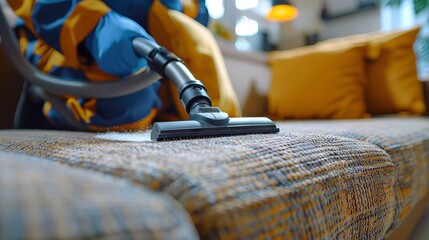 Expert sofa cleaning with a powerful vacuum cleaner. Process of vacuuming a couch. Concept of meticulous hygiene, professional cleaning service, allergen control,chores, and domestic care.