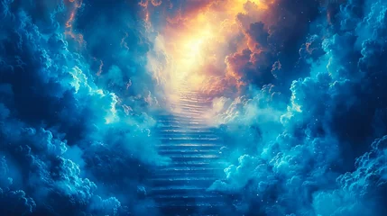 Poster Stairway rising to a radiant sunrise amidst celestial clouds. Celestial steps. Cosmic pathway to a new day. Concept of hope, new beginnings, spiritual ascent, and the sublime. Watercolor art © Jafree