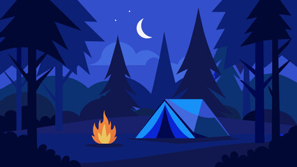 Discover the Enchantment A Blue Tent Amidst the Woods with a Campfire vector artwork 