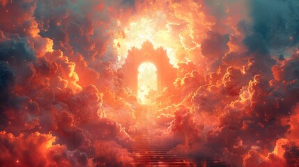 Ethereal steps rising to a glowing portal amid the clouds, bordered by imposing arches. Concept of transcendence, spiritual paths, divine gateways, and architectural wonder. Watercolor illustration - obrazy, fototapety, plakaty