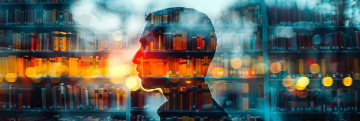 Silhouette of a man with a library overlaid. Fusion of a person with rows of books. Concept of endless knowledge, wisdom acquisition, mental exploration, literary world. Wide banner