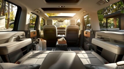 Family SUV interior with comfortable seating and panoramic views. Ready for adventure. Concept of family journeys, spacious travel, and all-terrain exploration.