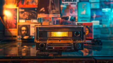 Retro tape player in an old-school music corner, surrounded by vinyl records and concert posters. Concept of music memorabilia, historical soundtracks, and cultural nostalgia.