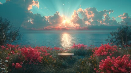 Sunset at a seaside bench with blooming flowers. A peaceful bench overlooks the sea amidst vibrant flora. Concept of relaxation, natural beauty, and serene sunsets. Digital illustration - obrazy, fototapety, plakaty