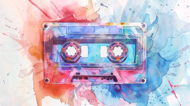 Watercolor cassette tape on an artistic splashed background. Delicate audio tape illustration with pastel colors. Concept of art, music, retro technology, and vintage nostalgia.