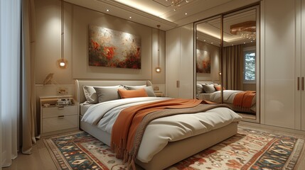Luxurious bedroom with plush bedding and striking red artwork, reflecting a modern and sophisticated interior design perfect for contemporary living.